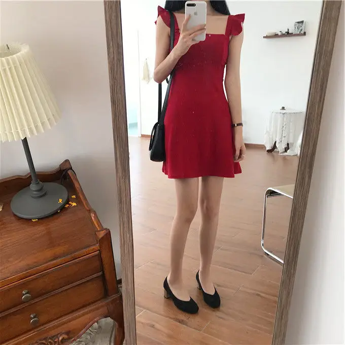 Sleeveless Dress Women Backless Ruffles Solid High Waist Skinny Slim Sexy Fashion Korean Style A-line Chic New Designed Trendy blazer dress