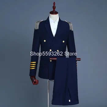 

Men Captain Clothing Suit Double Row Buckle Suit Party Tassel Epaulettes Military Uniform Performance Clothing Studio Photo