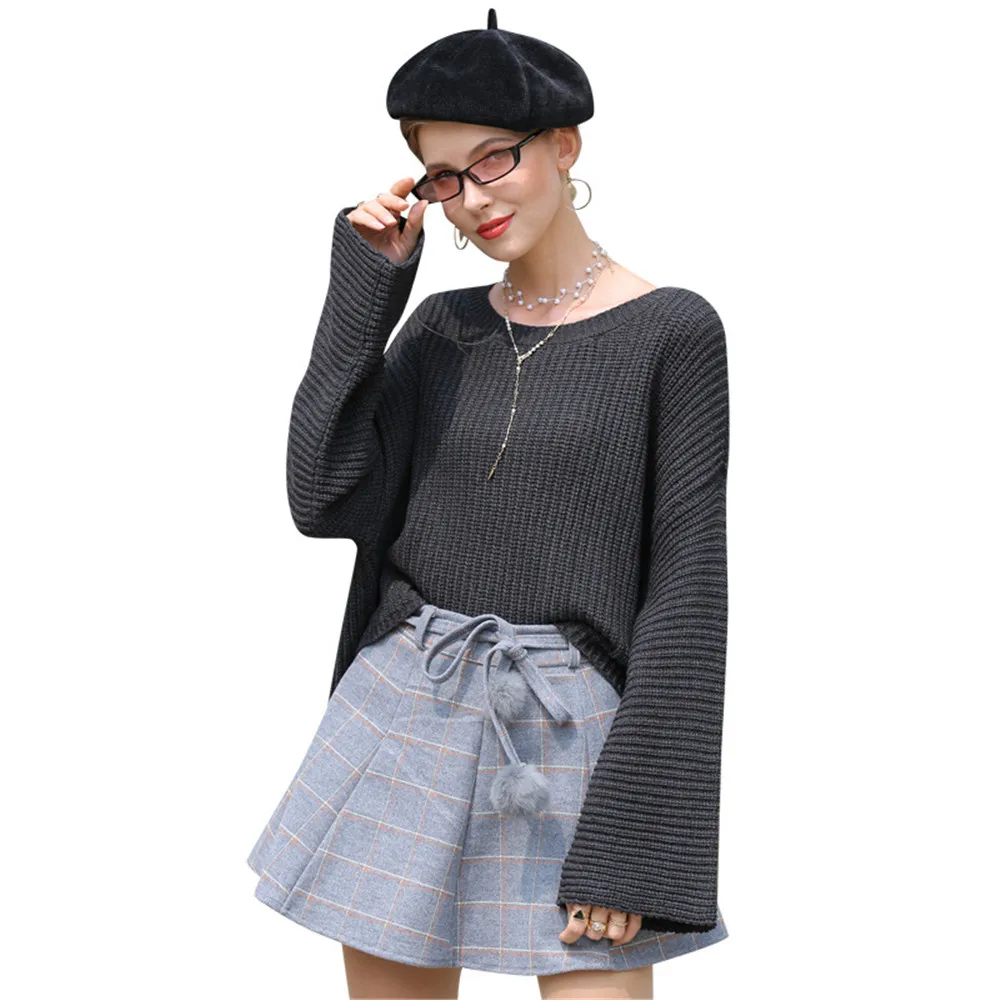 

O-Neck Pullover Loose Sweater Female Flared Sleeve Solid Color Sweaters Round Neck Batwing Long Sleeve Short Style Sweater Tops