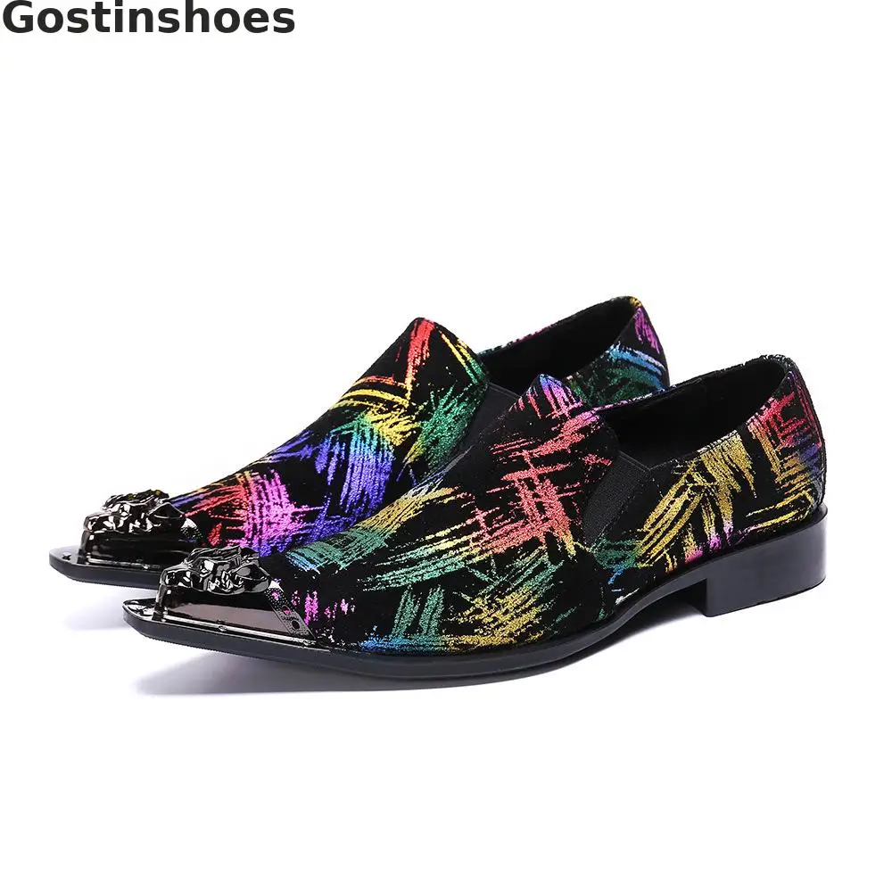 

Men Loafers Black Genuine Leather Printed Striped Pointed Metal Capped Toe Men Shoes Slip-on Fashion Casual Leather Shoes Men