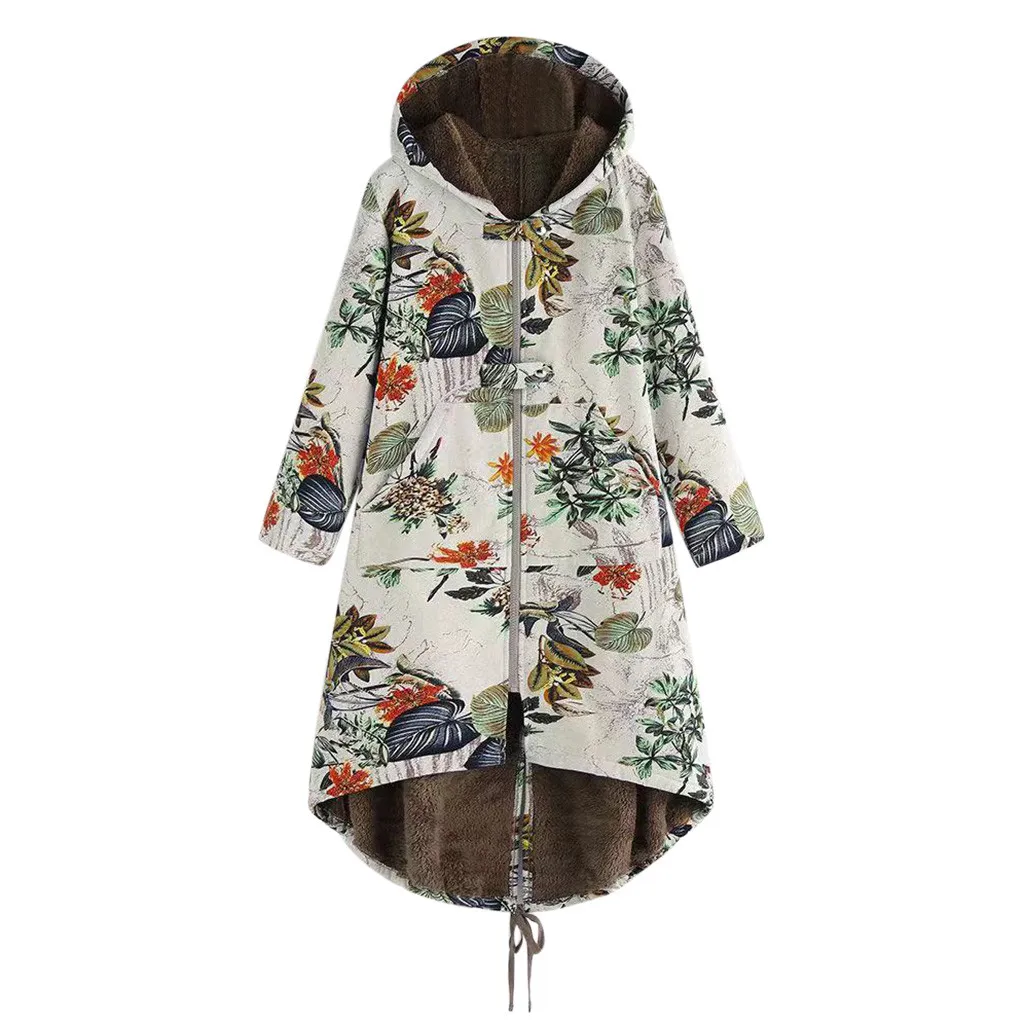 S-5XL Плюс размер зимние женские куртки пальто Теплые цветочные печати винтажные карманы с капюшоном парка на молнии женские длинные пальто одежда