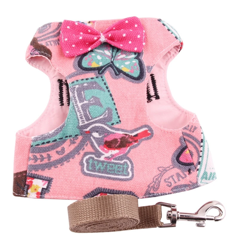 Denim Pet Puppy Dog Cat Harness Leash Set with Bowtie Soft Pet Vest for Small Medium Large Dogs Chihuahua Yorkie Teddy S M L