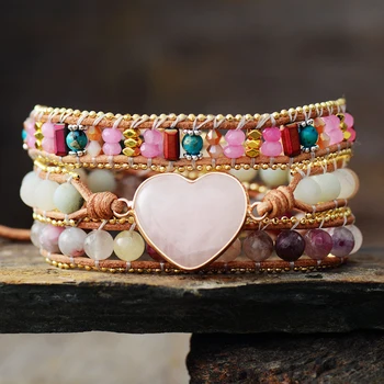 Romantic Pink Leather Wrap Bracelets Rose Quartzs Tourmaline Heart 3 Strands Cuff Bracelet Handmade Teengirls Jewelry Bijoux