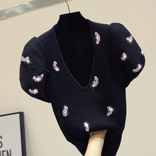 Sequins beading floral v-neck knitted sweater women summer and autumn Korean slim Pullover thin Puff sleeve tops