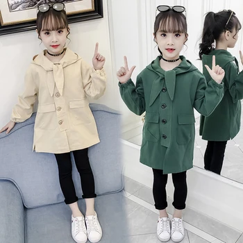 

Fashion Spring Autumn Baby Girls Coat Long Sleeve Hooded Solid Single-Breasted Windbreaker Kids Casual Long Outerwear