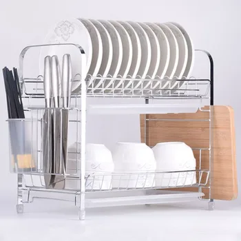 

Estante de secado de platos de 2 niveles soporte de lavado de cocina cesta de hierro plateado cuchillo de cocina fregadero