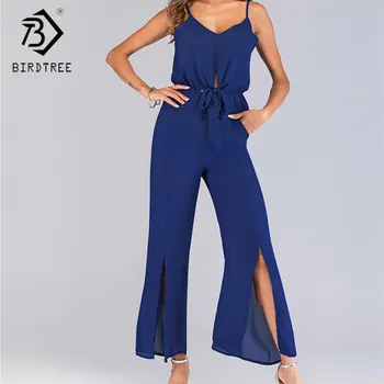 

Summer 2020 New Blue Jumpsuit Women Spaghetti Strap V-neck Cutout Backless High Waist Lace Up Jumpsuit Pants D04702Y