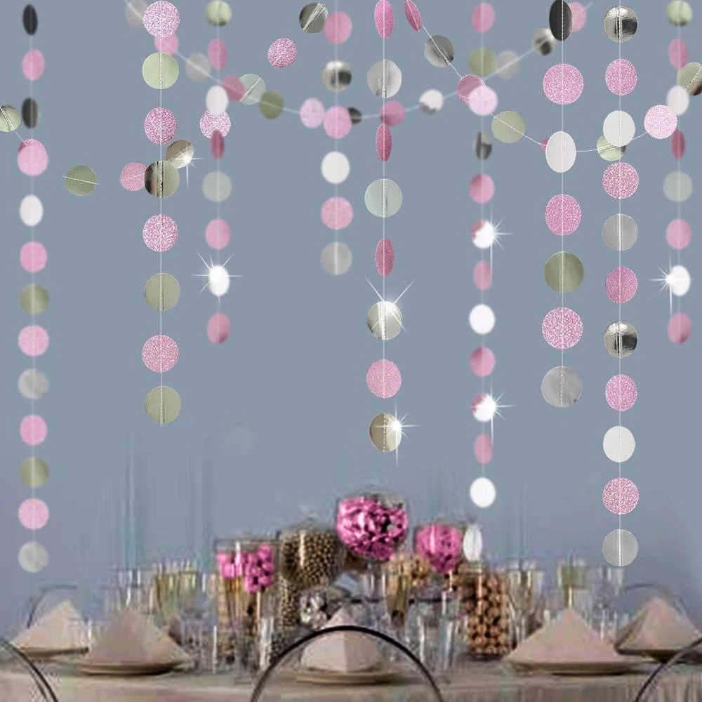 Guirnaldas de papel de plata y rosa con purpurina, cortina colgante de círculo redondo, adornos para boda, decoración para fiesta de cumpleaños de 1ª y confeti| - AliExpress