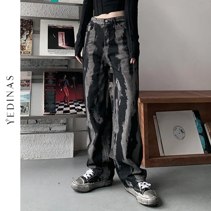 

Yedinas Tie Dye Denim Pants Women Wide Leg Jeans High Waist Black Jeans Gothic Trousers Jean Boyfriend Femme 90s Streetwear 2021