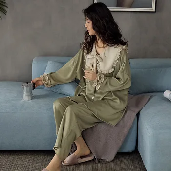 

HaloSweet Spring Autumn Pajama Long Sleeve Silk Antique Style Home Wear Trousers Pyjamas Women Suit Two Pieces Night Suit Femme