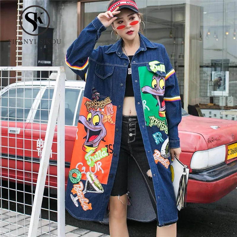 Весна осень джинсовые куртки ветровка 2019 Женская мода мультфильм печати длинное