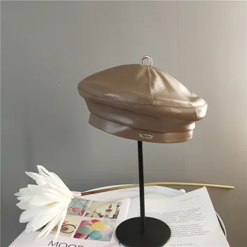 

Beret Women's Autumn And Winter Korean Japanese Metal Buckle PU Leather Fashion Octagonal Hat Fashion Ins Cap Winter Hat Beret