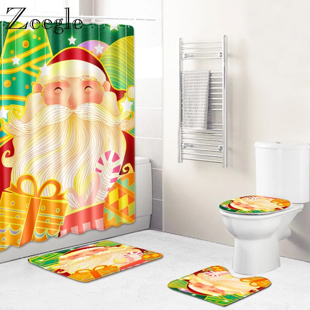 Zeegle Christmas Bathroom Mat Set Toilet Shower Curtain Waterproof Curtain Toilet Seat Cover Anti-slip Toilet Doormat Bath Rug