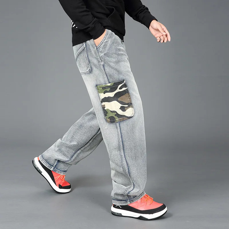 Embroidered Trousers Drawstring Pants Blue Biker Jeans Men Denim