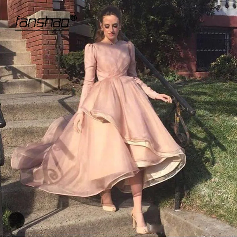 

2019 Muslim Evening Dresses Tulle Long Sleeves Slit Short Front Long Back Dubai Saudi Arabic Evening Gown Prom Dress