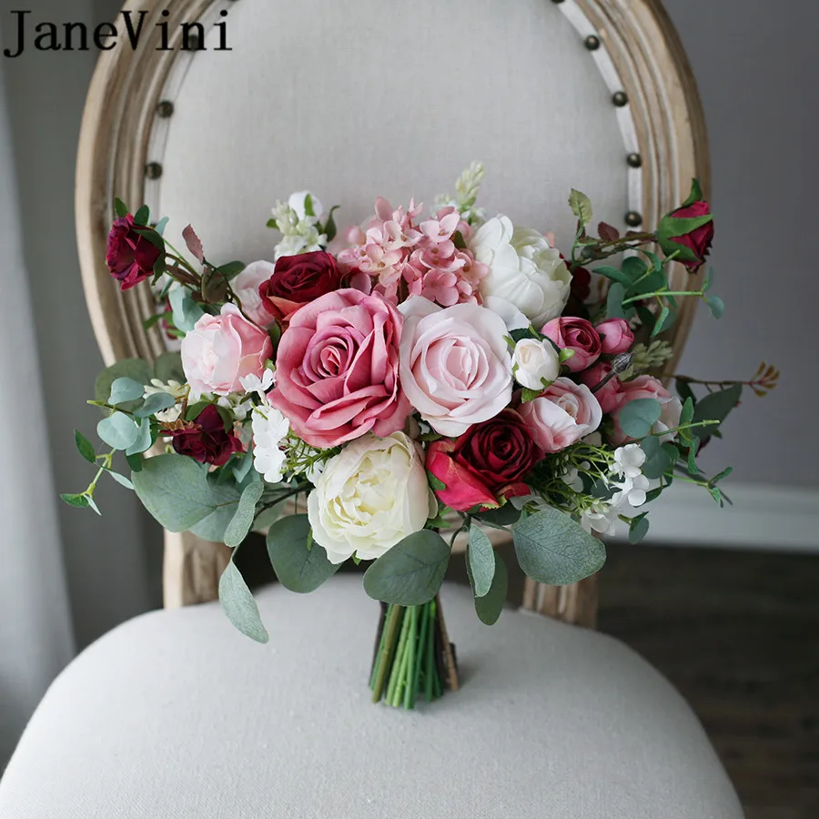 

JaneVini Vintage Dusty Pink Wedding Flowers Bridal Bouquets 2021 Artificial Fake Rozen Brides Bouquet De Rose Mariage Accessory