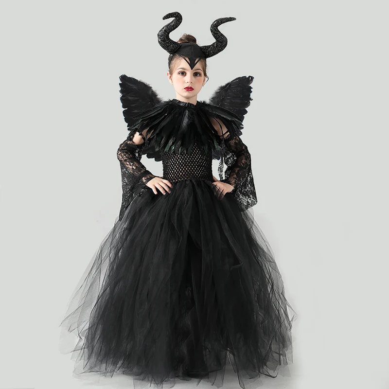Kids Black Devil Tutu Costume Gothic Halloween Girls Fancy Tutu Dress with Feather Shawl Royal Dark Queen Maleficent Gown Dress