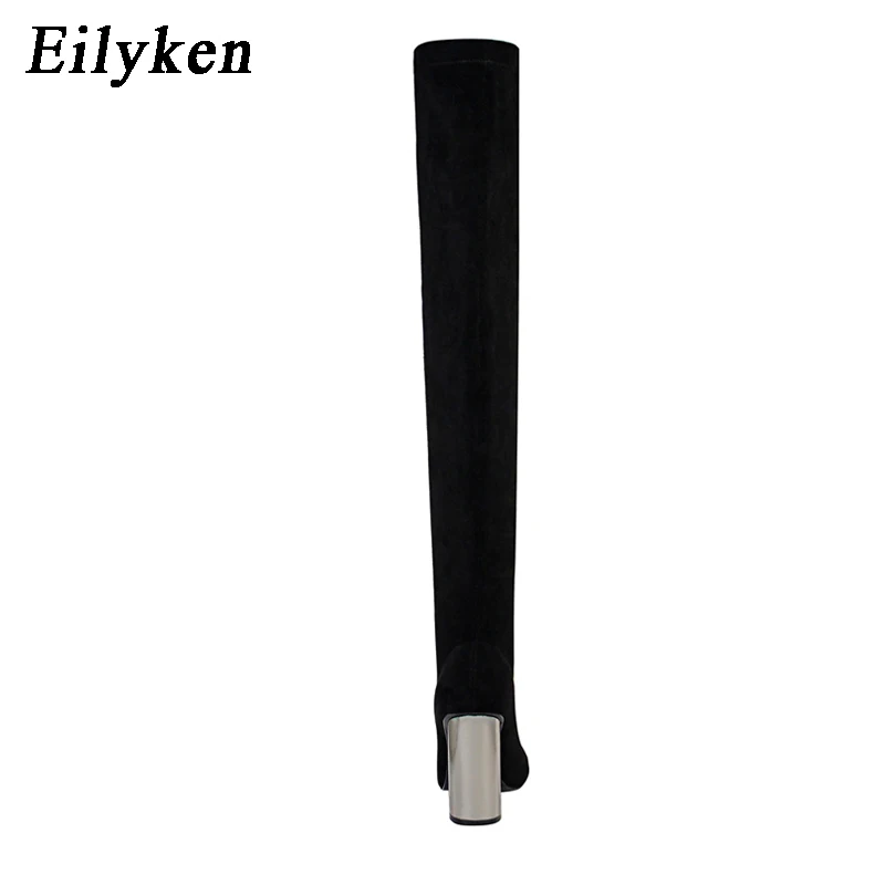 Najtaniej Eilyken 2020 zima ciepła moda Stretch kozaki za udo kobiety Over Knee Boot grube szpilki czarne szpiczaste Femme skarpetki Boot