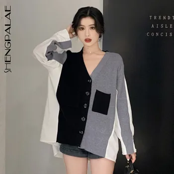 

SHENGPALAENew Autumn Knitted Cardigan Elegant Patchwork V-neck Long-sleeved Cardigan Thin Sweater Coat 2020 Fashion ZT1041