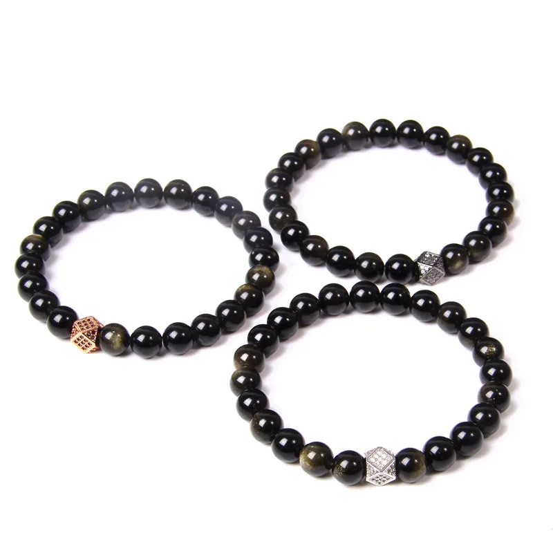 Real Natural Gold Obsidian Bracelets Men Classic Stretch Bangle Faceted Charm Pulsera Polished Stone Beads Bracelet Women Jewelr | Украшения