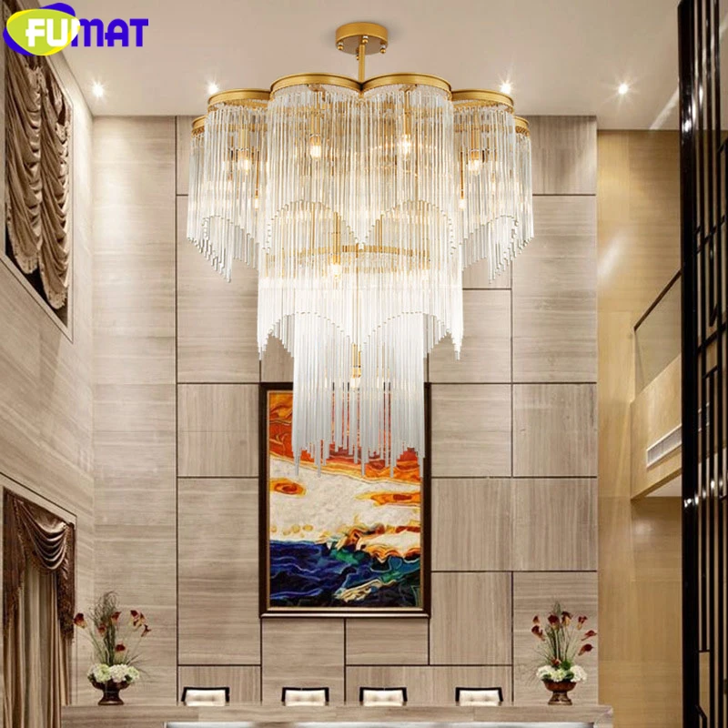 FUMAT Crystal K9 Pendant Lamp Hanging Light Fixture Chandelier Light Multi-layer Waterfall Form Gold Black Frame Modern Style