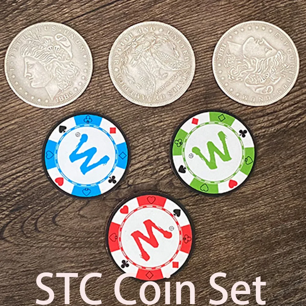 STC Coin Set Magic Tricks Coin Change Penetrate Magia Close Up Illusions Gimmick Props Multiplying Silver Coins to Chip Magica linking rope magic trick tied red yellow blue link cord hoop penetrate magic props