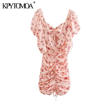 

KPYTOMOA Women 2020 Chic Fashion Floral Print Draped Mini Dress Vintage Puff Sleeve Drawstring Tie Female Dresses Vestidos Mujer