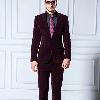 

2020 Slim Fit Groom Tuxedos Burgundy Groomsmen Notch Lapel Men Wedding Suit Best velvet Mens Suits (Jacket+Pants+Tie)