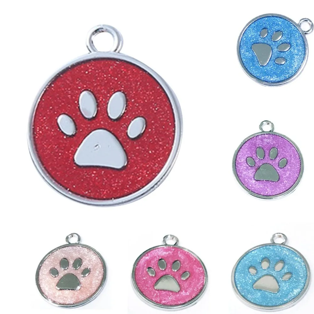 Glitter Footprint Shape Identity Card Stainless Steel Dog Tag Fashion Pendant Decor Lovely Pet Jewelry Anti-Lost Frame Card