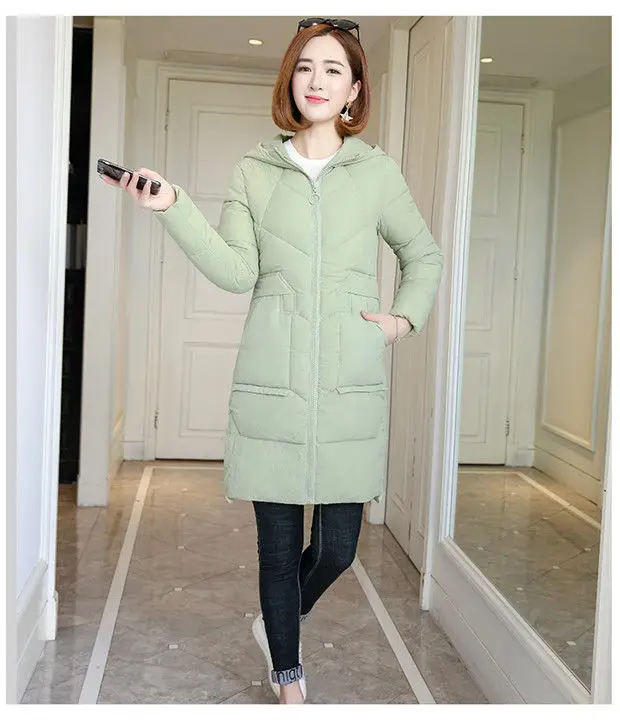 Winter Hooded Thick Warm Jacket Women Casual Cotton Padded Mid Length Coats Korean Snow Wear Overcoats Solid Parka Outwears New