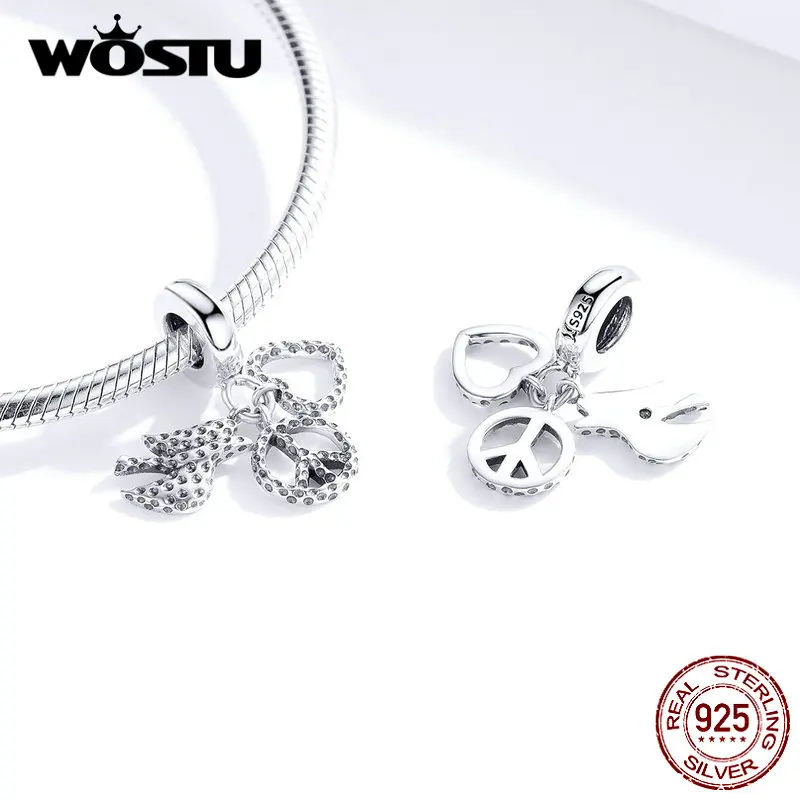 WOSTU, 925 пробы, серебро, антивоенные и мирные, голубь, сердце, шарм, подходит для оригинального браслета, кулон, бусины, символ мира, ювелирные изделия CQC1350