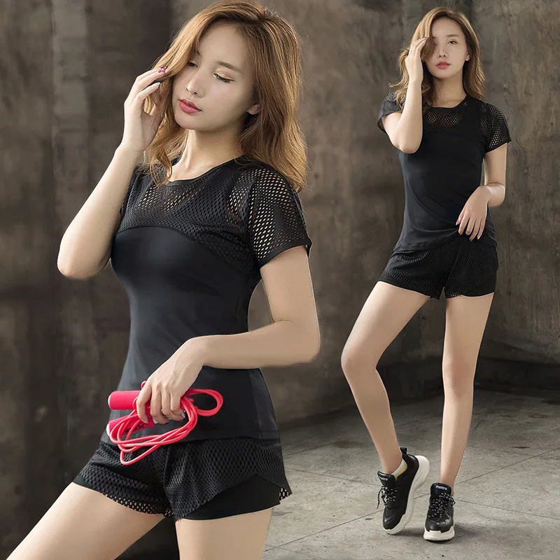 

New Style Yoga Clothes Summer Sports Set Fitness Suit Running Shorts Short Sleeve Quick-Dry Mesh Breathable Three-piece Set
