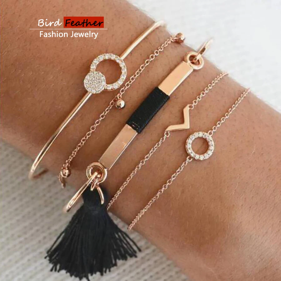 Gold color Bohemian Handmade Alloy tassel round v Bracelet Sets Women 2019 New Rope Chain Bracelets Retro Jewelry Accessories | Украшения и