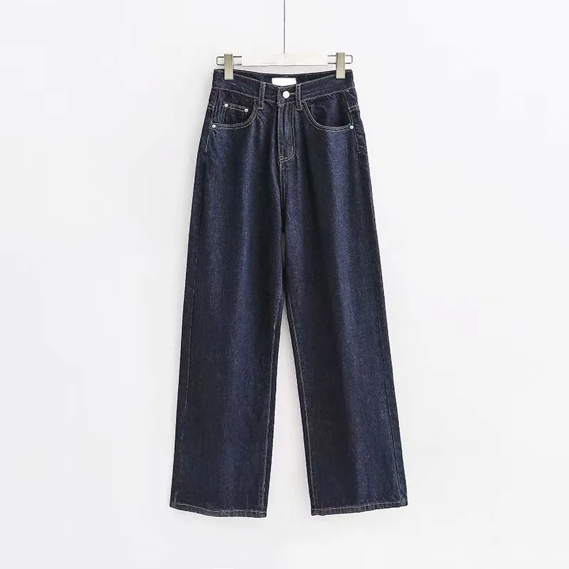 

High Street Women Loose High Waist Jeans Pockets Vintage Button Straight Denim Trousers Black Dark Blue Zipper Wide Leg Pants