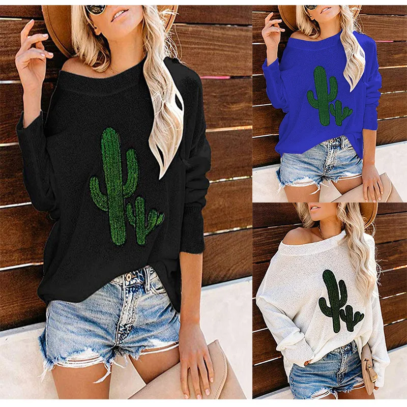 

womens sweaters korean girls regular pullovers embroidery 2018 winter cactus plus size sweater computer knitted casual