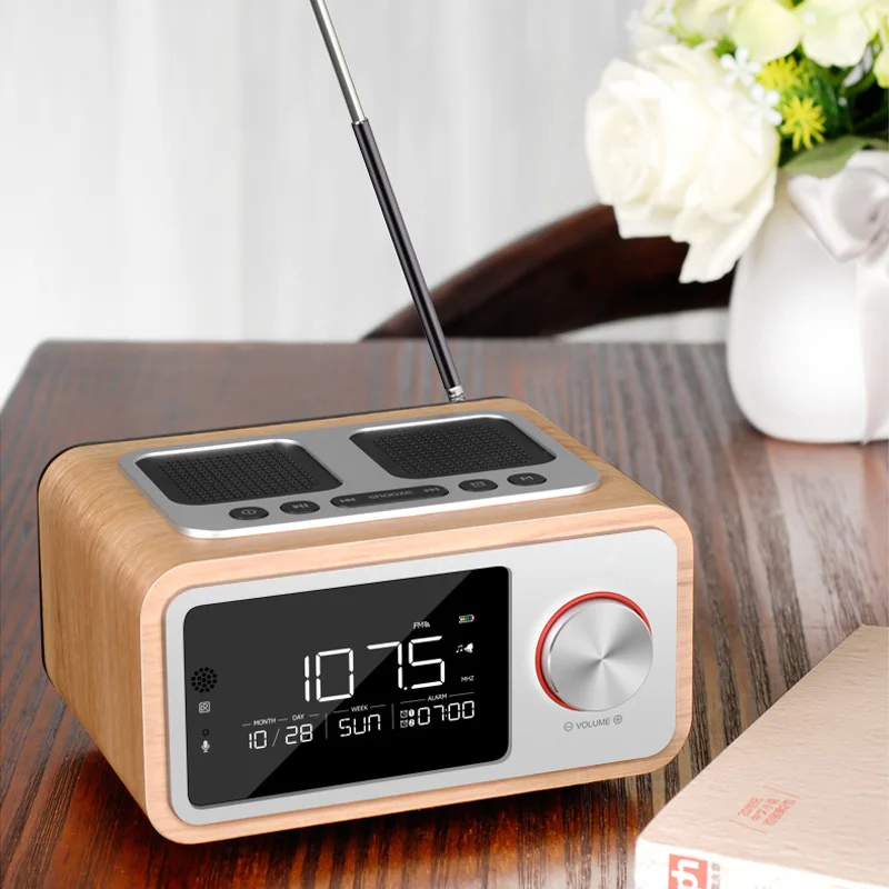 Wooden Alarm Clock Radio Portable Retro Radio Bluetooth Speaker Digital