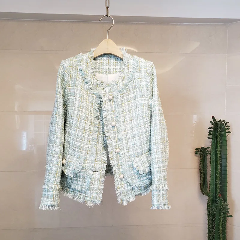 

Autumn And Winter New Small Fragrance Ladies Tassel Tweed Plaid Short Coat Single-Breasted Round Neck Fashion Woolen Jacket Coat