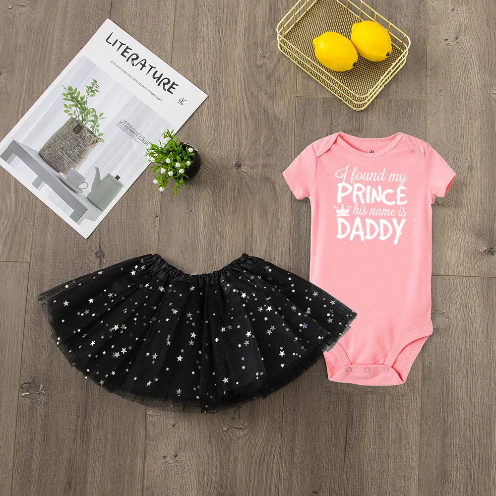 Комплекты одежды для новорожденных девочек с надписью «I Found My Prince His Name Is Daddy» Забавный хлопковый комбинезон для малышей, юбка-пачка комплект с короткими рукавами - Цвет: R064-SQPPKXBK-
