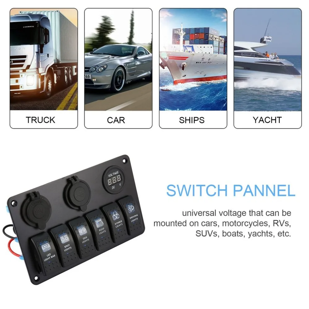 6 Gang Waterproof RV Car Marine Boat Circuit Breaker LED Rocker Switch Panel Dual USB Charger Cigarette Socket