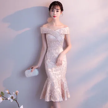 

Women Slim Tight Sexy Evening Party Gown With Lace Up Novelty Luxury Qipao Mermaid Dresses Slash Neck Midi Chinese Prom Dress
