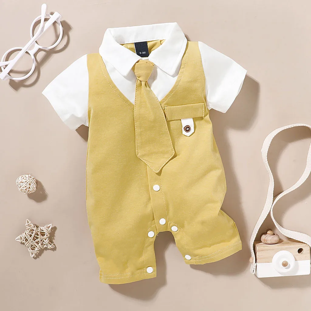 Newborn Infant Baby Boys clothes Solid Gentleman Tie Romper Jumpsuit Outfits Baby Clothing Short Sleeve T-shirt #C