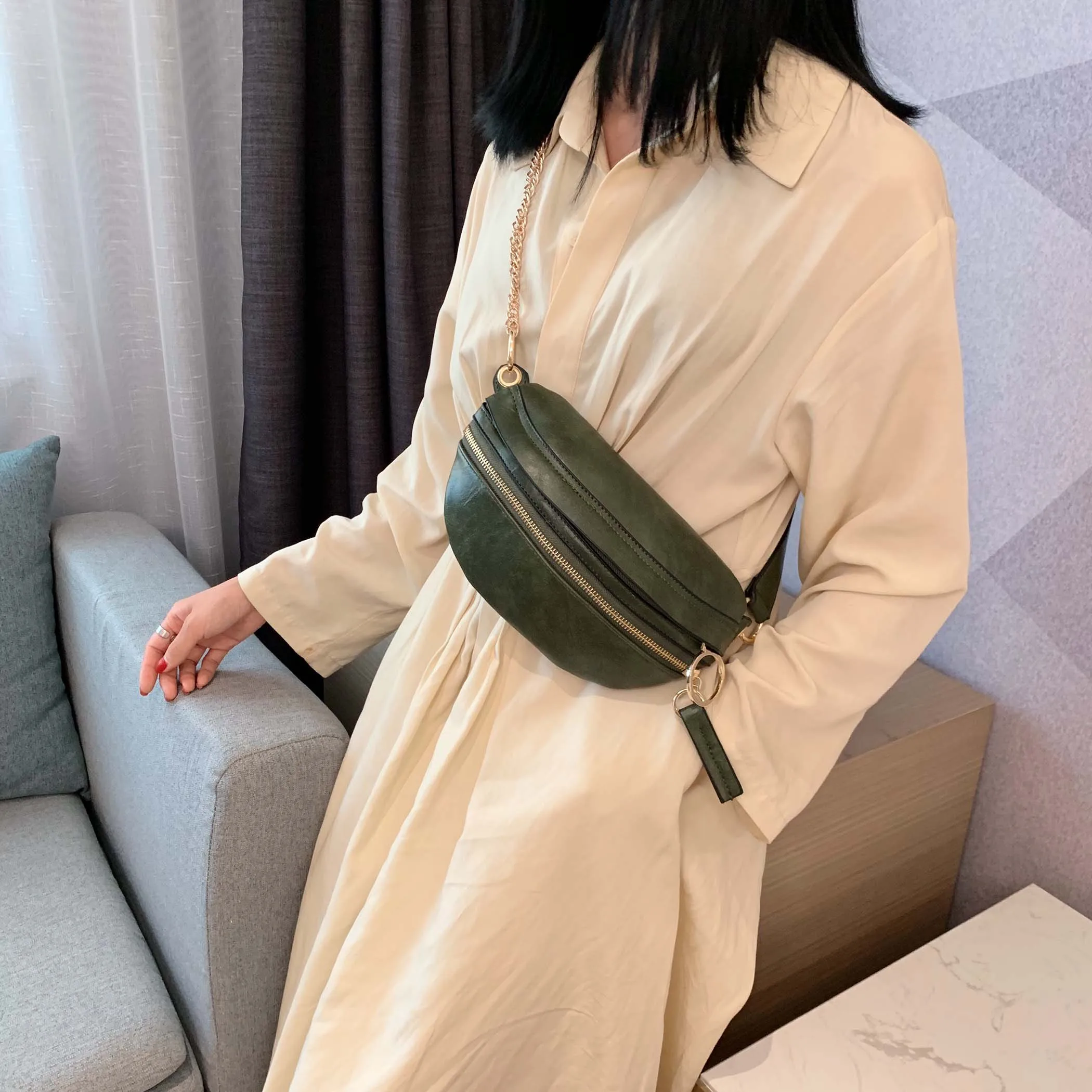 PU Leather Chest Bag For Women 2020 Chic Lady Zipper Closed Solid Color