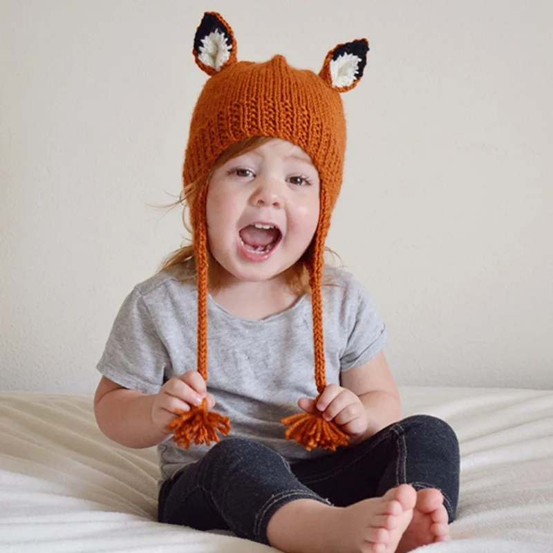 

Cartoon Fox Children Hat Autumn Winter Hand-woven Wool Stereo Fox Ear Protector Caps Japanese Style Lovely 2 Color Knitted Hats