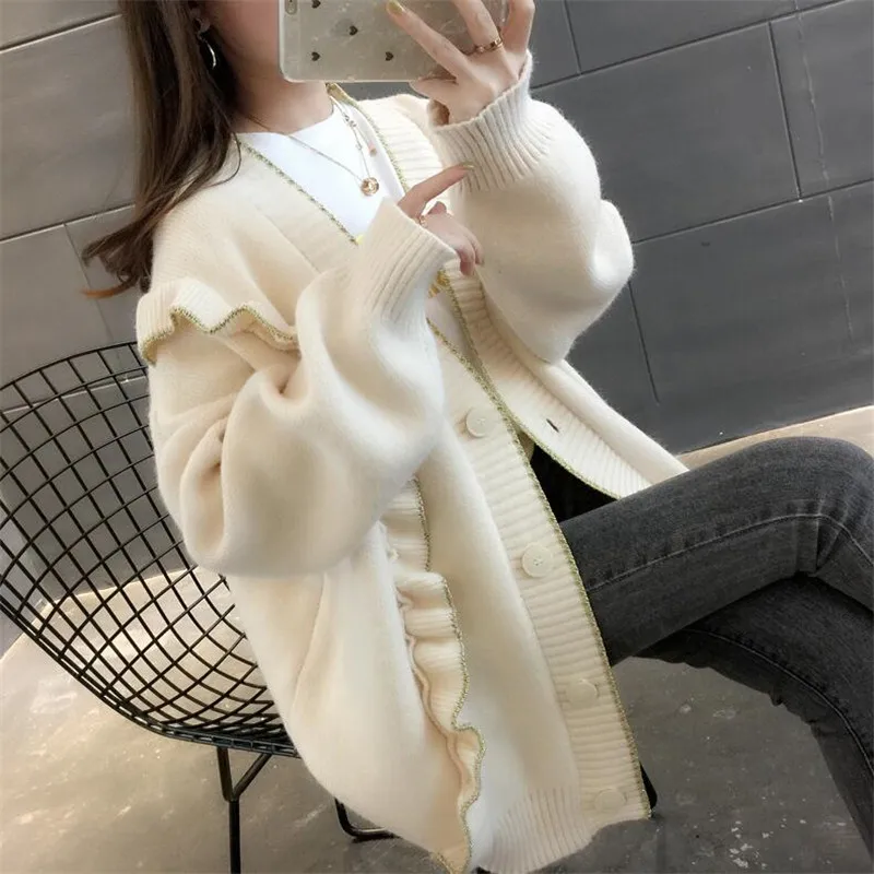 

2019 autumn new loose solid color long-sleeved ruffled sweater coat female knit cardigan outside the spring and autumn