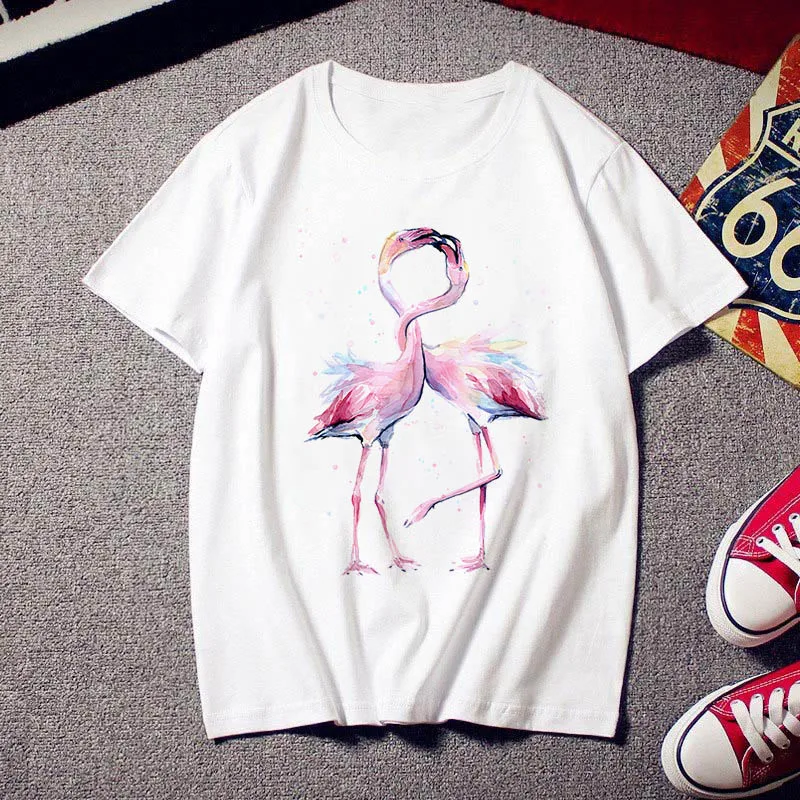 2020 Flamingo Beauty T-shirt Women's Print Fashion Trendy 90's Harajuku Short Sleeve T-shirt White Summer T-shirt Top