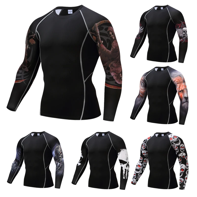New Mens Running Compression Shirt Gym Bodybuilding Fitness t-shirt Long Sleeve Dry Fit Sport t shirt Men Tight Rashguard MMA | Спорт и