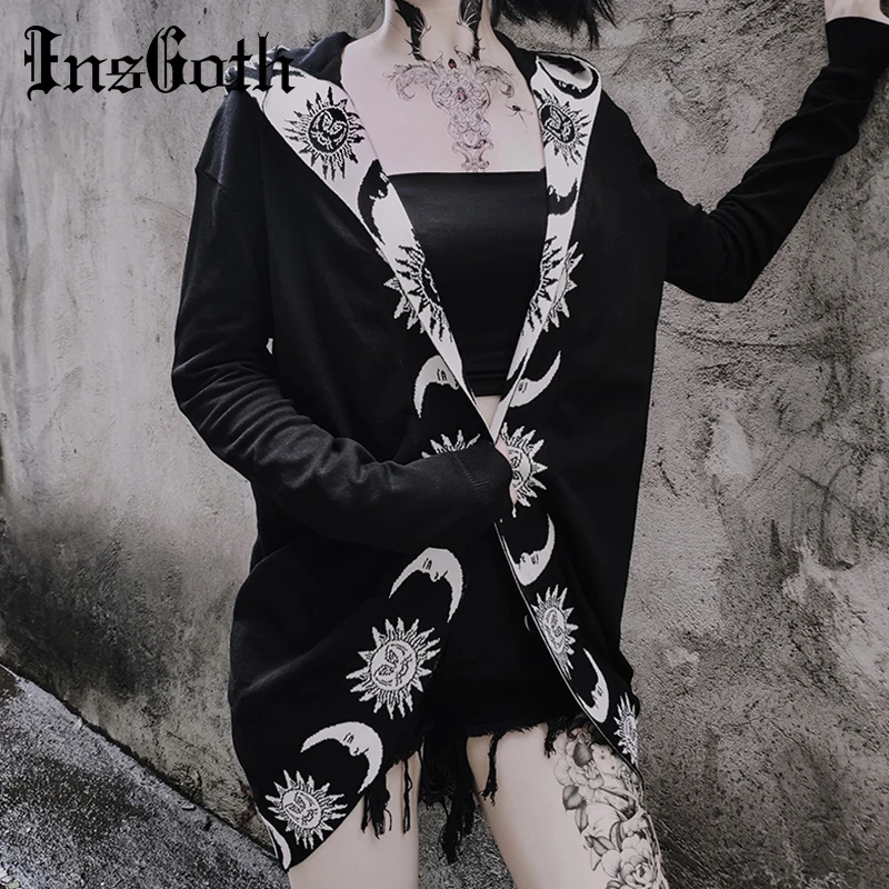 

InsGoth Women Chic Gothic Punk Hooded Sweatshirts Plus Size knitting Sweatshirts Loose Moon Sun Printed Long Coat Punk Hoodies