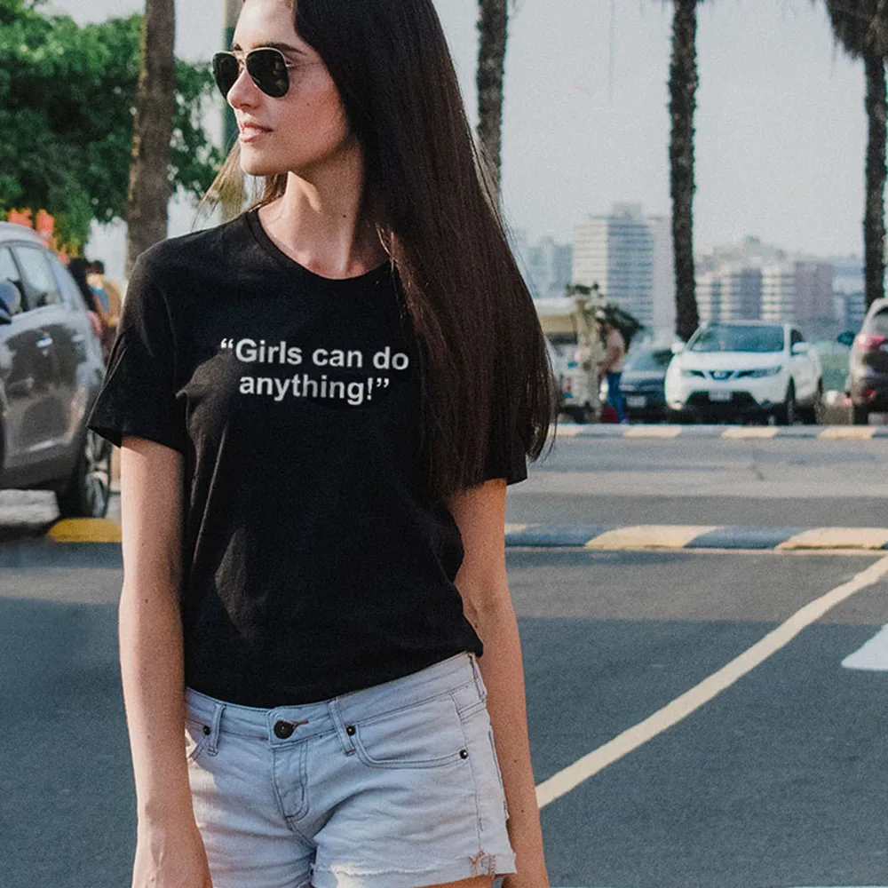 GIRLS CAN DO ANYTHING Print Women Men Black T Shirt Summer Fashion Cotton Tops Casual Short Sleeve Retro Girl Pink T-Shirt S-3XL | Женская