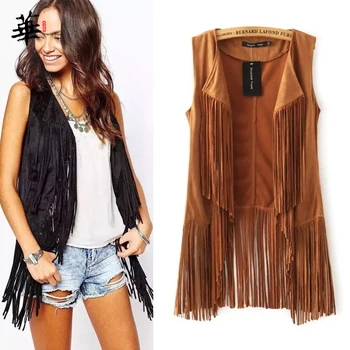 

Tassels Sleeveless Suedette Casual Cardigan Vest Women Solid Patchwork Ladies Fringed Fashion Female Vest
