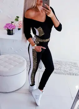 

Women Jumpsuit Long Sleeve V-neck Casual Leopard Stretch Romper Bodycon Long Playsuit Jumpsuit Pants Trousers Femme S-XL Sunsuit